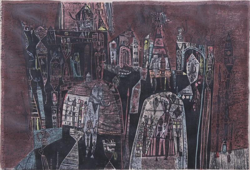 Ynez Johnston (b. 1920) California: BRIDGE OF THE SARACENS, 1953, color woodblock print, signed in pencil, numbered 11/35, image 18 x 26”, full margins, frame 28 x 36 ½” with glass. Provenance: Paul Kantor Gallery, with