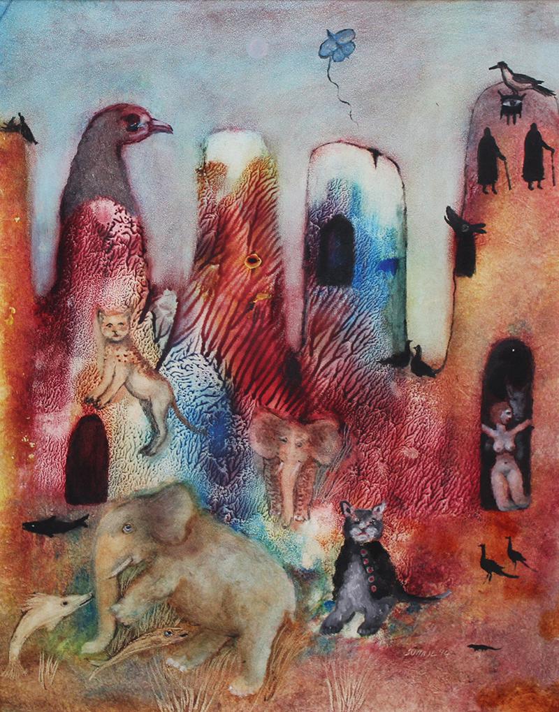 Tassuduque (Tassaduq) Sohail (b. 1930-2017) Pakistan: FANTASY SCENE, 1994, acrylic painting and mixed media on paper, signed and dated lower right, 23 ¼ x 18”, matted 29 ½ x 23 ½”.