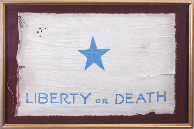 Americana: Texas Troutman Flag: Painted cloth flag reproduction with simulated aging, approximately 25 x 37”, frame 31 ¼ x 35 ½”. Provenance: Gallery of the Republic stamp of back of frame.