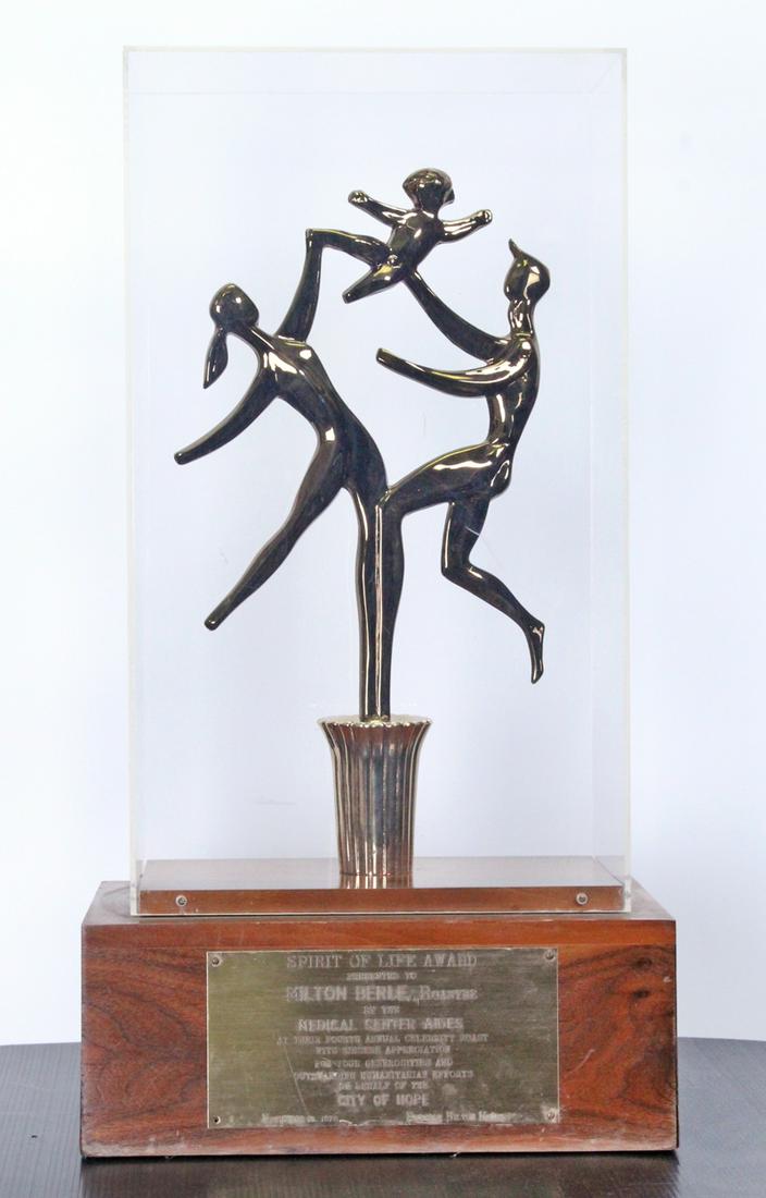 Milton Berle Memorabilia: SPIRIT OF LIFE AWARD presented to Milton Berle by Medical Center Aides, City of Hope, November 16th, 1978, designed by Robert Russin, with wood base with placard and Plexiglas cover, retains Southern