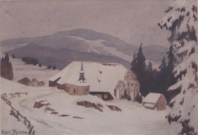 Karl Biese (1863-1930) German: WINTER SCENE, watercolor on paper or board, signed lower left, sight 11 ½ x 16 ½”, frame 20 ½ x 25 ½” with glass.