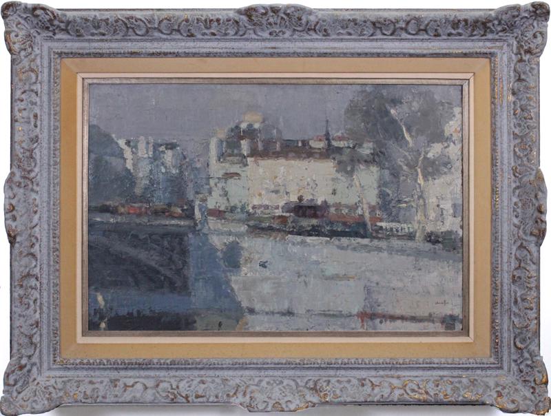 Pierre Christin (b. 1935) French: VIEW OF A CITY, oil painting on Masonite, signed lower right, 21 ¼ x 32”, frame 34 x 45 x 5”.