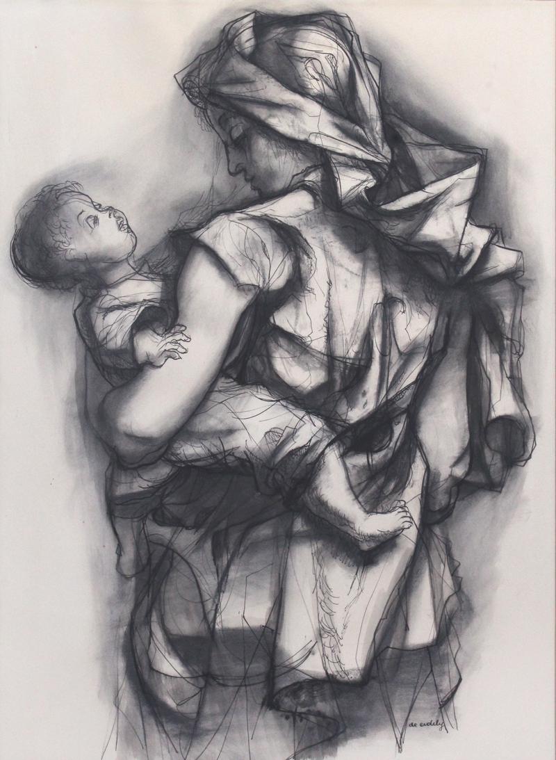 Francis De Erdely (Ferenc De Erdelyi) (1904-1959): MOTHER & CHILD, ink drawing and wash on paper, signed lower right, sight 32 x 22 ½”, frame 43 x 33” with glass.