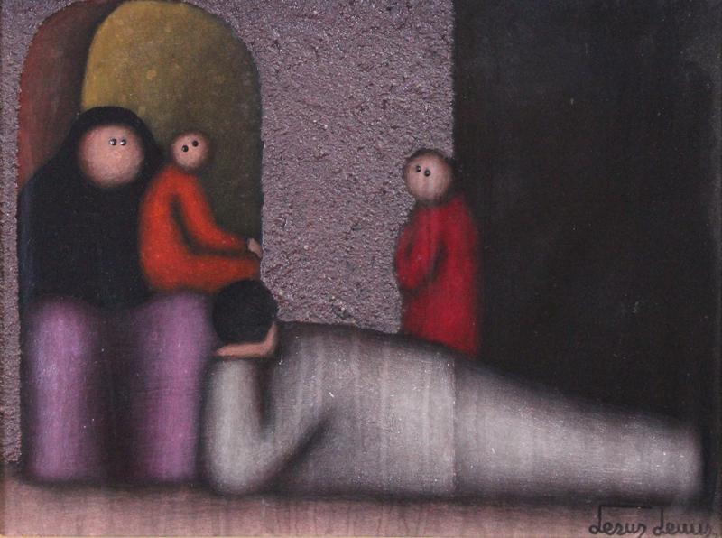 Jesus Leuus (b. 1948) Mexican: FAMILIA, oil painting with sand on Masonite, signed lower right, signed and inscribed on verso, 9 x 12”, frame 14 ½ x 17 ½”.