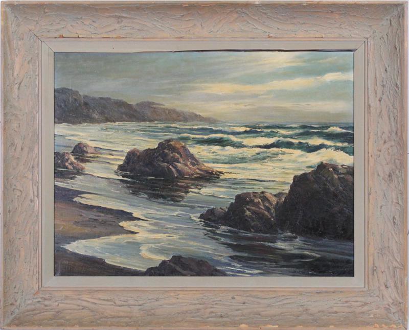 Joshua Meador (1911-1965) California: SEASCAPE, oil painting on canvas, signed lower left, 20 x 27”, frame 28 ½ x 35 ½”. Provenance: Artist’s label on address on verso.