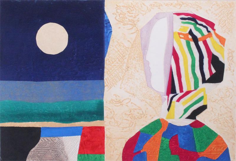 Max Papart (1911-1994) French: PROFILE WITH MOON, color carborundum gravure, signed in pencil, numbered 30/75, sheet 23 x 30 ½”, artist’s blind stamp lower left?, sealed Plexiglas box fame 28 ½ x 36 x 2”.