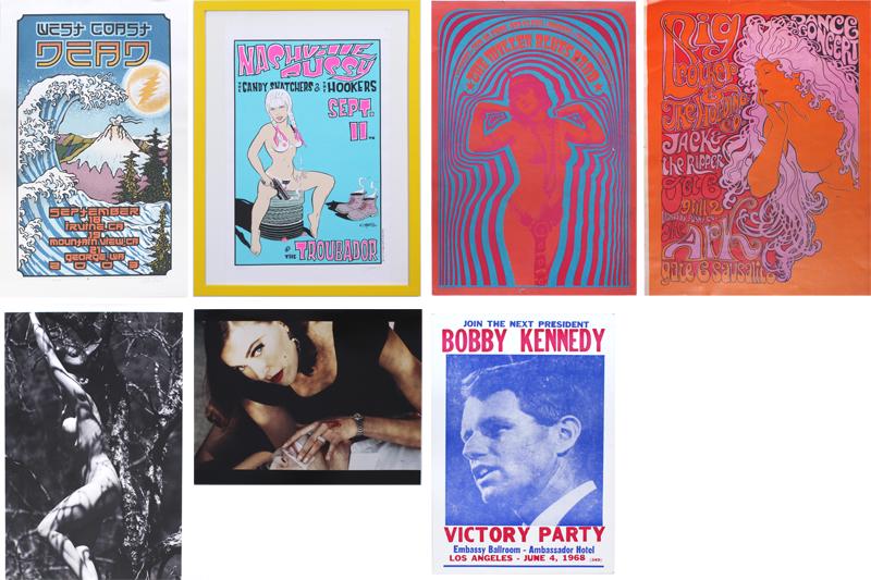 Rock n Roll art & others (seven): Gary Houston WEST COAST DEAD, 2003, color screenprint, signed in pencil and numbered 405/700, sheet 25 ¼ x 16 ¼”; C. Martin NASHVILLE PUSSY, CANDY SNATCHERS & THE HOOKERS AT THE TROUBADOUR, 1989,