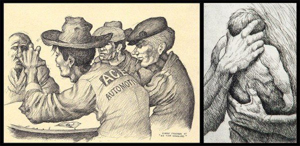 Robert Freeman (20th Century) American (two): BIG TIME GAMBLERS, 1965, ink drawing on chain laid paper, titled signed and dated lower right, 10 ¼ x 14 ¼"; THE FATHER, etching, signed in pencil, from the numbered edition 81, image 5 x 3 ¾", ful