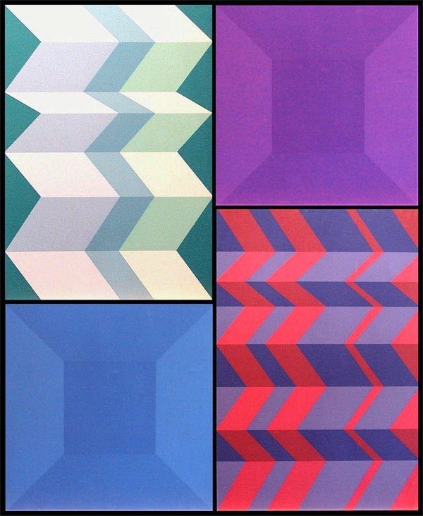 Florence Arnold (20th Century) (four): BLUE GREEN GEOMETRIC STEPS, FUCHSIA & PURPLE GEOMETRIC STEPS; BLUE BOX; PURPLE BOX, four color screenprints, each signed in pencil, from the numbered edition 25 and three artist's proofs, sheets 28 x
