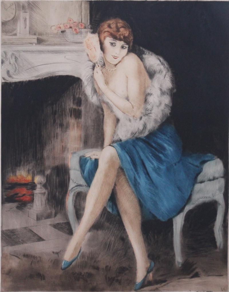 William Ablett (1877-1937) British/ French: SEATED WOMAN IN BLUE DRESS, 1927, color etching, signed in pencil, published by Estampe Moderne Paris, with blind stamps and taglines, image 19 ½ x 15 ½”, sight 21 x 17”, frame 3