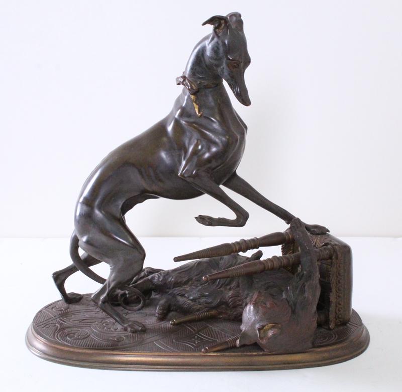 attributed to Gustave Leblanc Barbedienne (1849-1945): DOG & CAT WRESTLING, cast bronze sculpture with polychrome patina, 10 ¾ x 11 x 6 ½”.