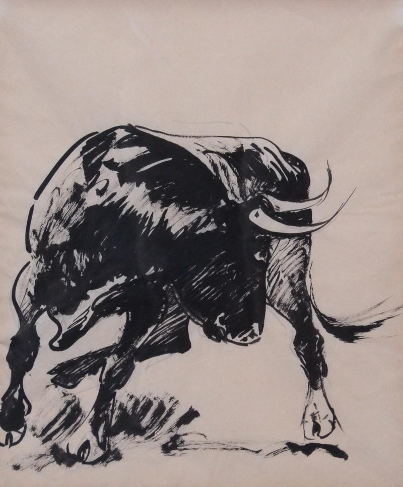 Edward Borein (1872-1945) California: RAGING BULL, brushed ink on paper, sight 10 ½ x 8 ¼”, frame 19 ½ x 16 ¼” with glass. Provenance: Sotheby’s New York March 2007 from the estate of Elmer Baker bequ