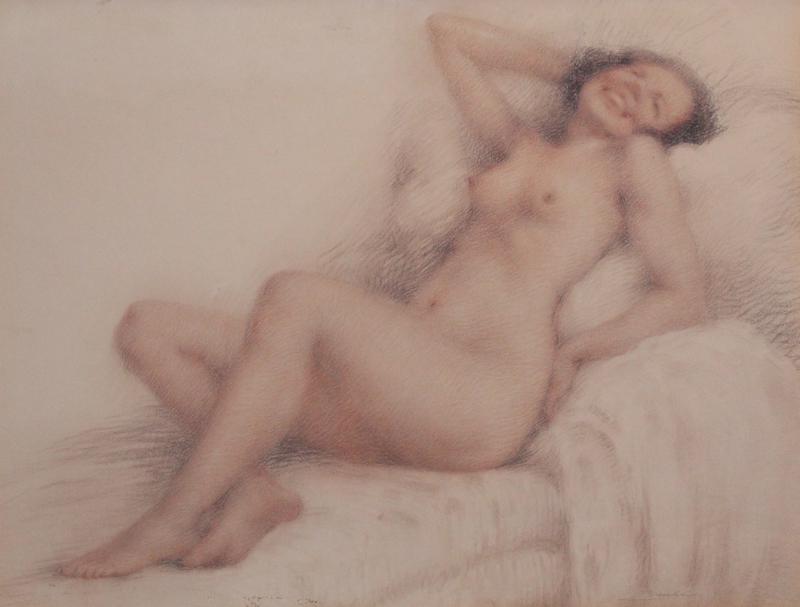 Lucien Boulier (1882-1963) French: RECLINING NUDE, color pastel on paper, signed lower right, sight 22 x 28”, frame 33 ½ x 39 ¼” with glass. Provenance: Papillon Gallery Los Angeles stamp on frame verso.