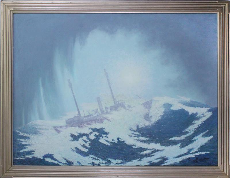 Ferdinand Burgdorff (1881-1975) California Ohio: THE LIGHTSHIP AT BLUNT’S REEF, NEAR CAPE MENDOCINO, 1951, oil painting on Masonite, signed and dated lower right, 36 x 48”, frame 41 ½ x 53 ½”. Provenance: Artist’s l