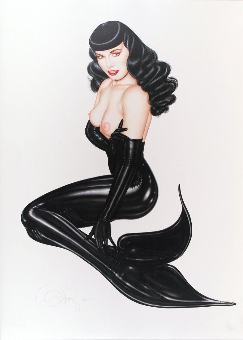 Olivia de Berardinis (b. 1948) Californian: BETTY PAGE MERMAID, color lithograph on silk coated paper, signed in pencil, from a numbered Roman Numeral 25, sheet 38 x 26”, published by Robert Bane, with his and artist’s blind stamps lower ri