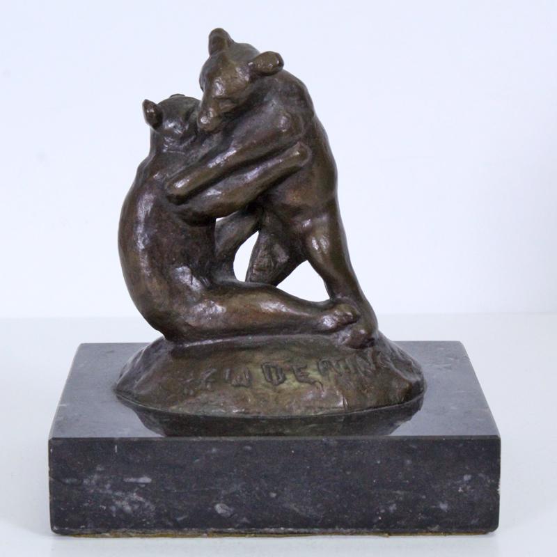Edwin Willard Deming (1860-1942) New York: PLAYING BEARS, cast bronze sculpture with golden brown patina, signed, numbered 9/100, with Fenn Foundry mark, 4 ½ x 4 x 3 ½” with marble base. From the estate of Elmer Baker.