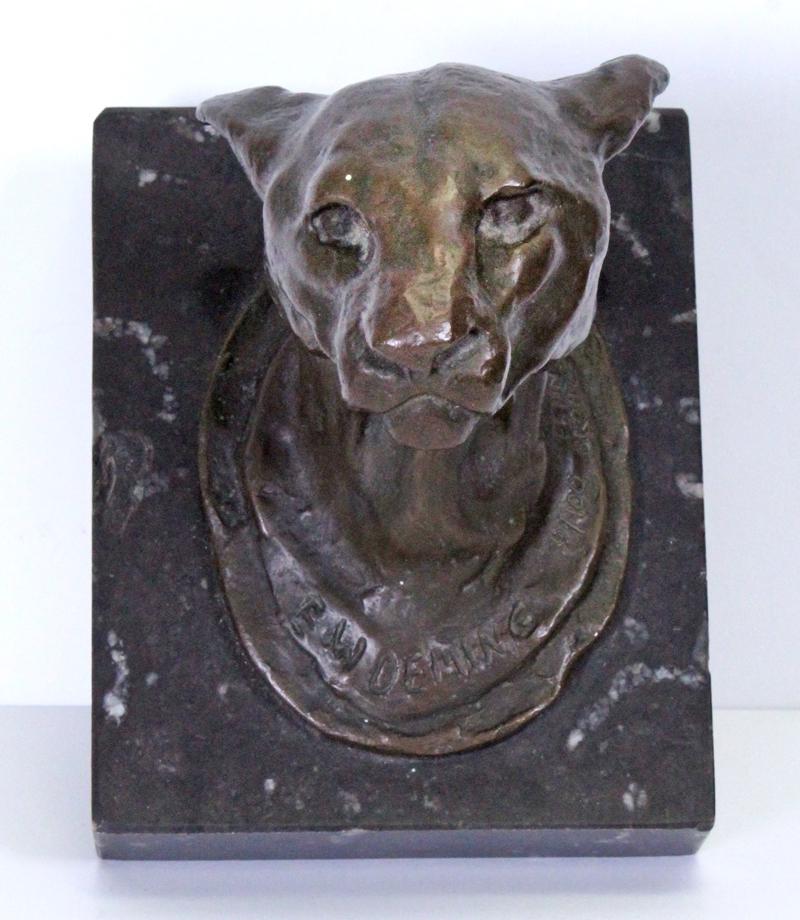Edwin Willard Deming (1860-1942) New York: BUST OF A COUGAR, cast bronze sculpture with golden brown patina, signed, numbered 9/100, with Fenn Foundry mark, 5 x 5 x 4” with marble base. From the estate of Elmer Baker.