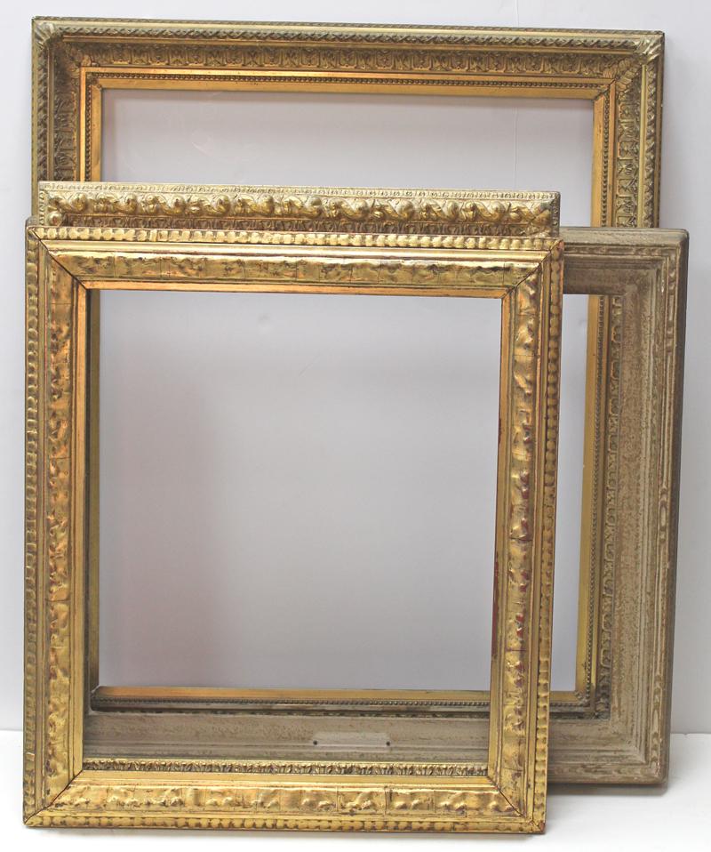 Antique Wood Frames (four): Four frames, two gilded: 32 ½ x 27 ½” fits 27 ¼ x 22 1/8”, with some small losses; 24 ½ x 28 ½” fits 19 1/8 x 23 1/8”; 26 x 21 ½” fits 22 5/