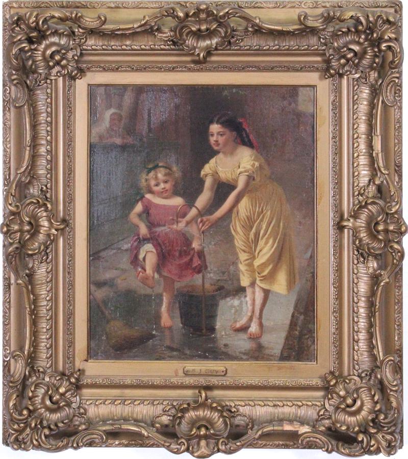 Seymour Joseph Guy (1824-1910) New York: CHILDREN PLAYING WITH WATER, oil painting on canvas over panel, a signature not found, old Jas. P. Silo auctioneer New York City label on verso, 16 ¼ x 13 ¼”, frame 26 x 23 x 4”.