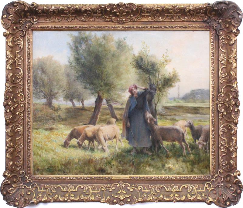 Georges Francois Paul Laugee (1853-1937) French: SHEPHERDESS WITH LAMBS, 1920, oil painting on canvas, signed and dated lower left, 24 x 29”, with Conrad Huo Galleries Kansas City label on back, frame 33 x 38”.