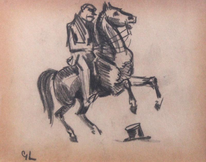 George Luks (1867-1933) New York: MAN ON HORSE, graphite drawing on paper, initialed lower left, sight 3 ¾ x 5”, frame 13 x 14 ½” with glass. From the estate of Elmer Baker.