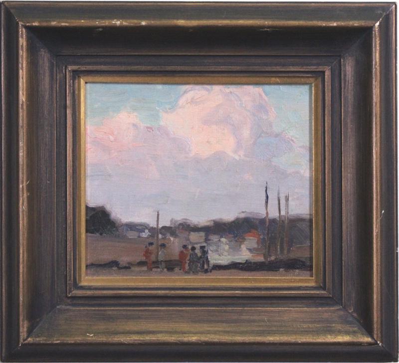American Impressionist possibly George Luks: FIGURES IN A LANDSCAPE, oil painting on canvas mounted to Masonite, possibly initialed lower left, possibly the work of George Luks, 7 x 8”, frame 12 ¼ x 13 ¼”. From the estate o