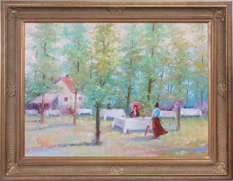John Manol (20 th Century) American: AFTERNOON PICNIC, oil painting on canvas, signed lower left, artist’s copyright on verso, 30 x 40”, frame 40 x 49 x 3”.