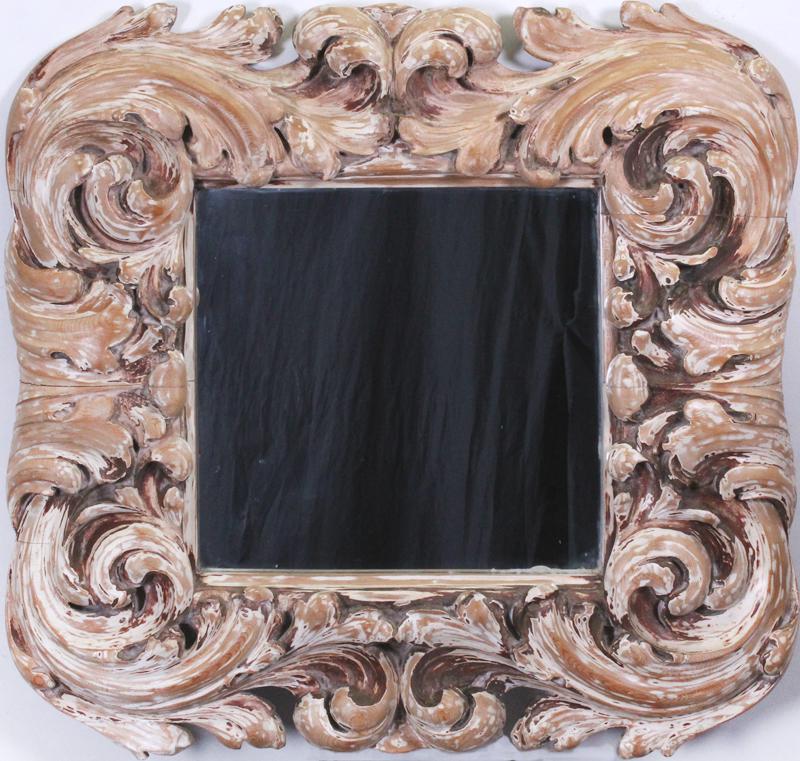Antique Mirror: Carved wood frame with mirror, 34 x 37 x 3”, weight 30 lbs.