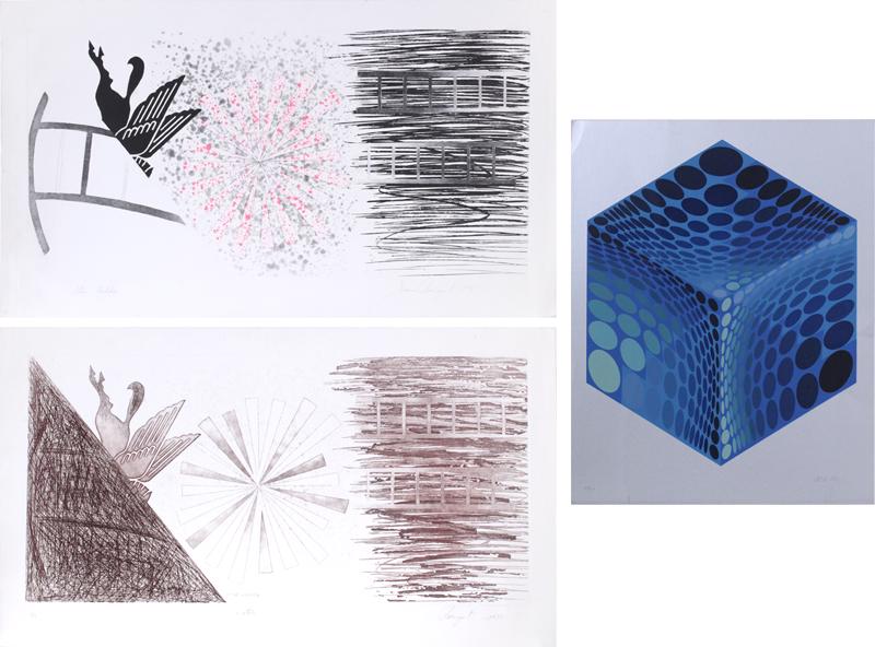 James Rosenquist (1933-2017) American (2) & Victor: James Rosenquist STAR LADDER; STAR LADDER (second state), 1978, two color etchings, both signed in pencil and from the numbered edition 78, sheets 23 x 40”; Victor Vasarely BLUE CUBE, color scre