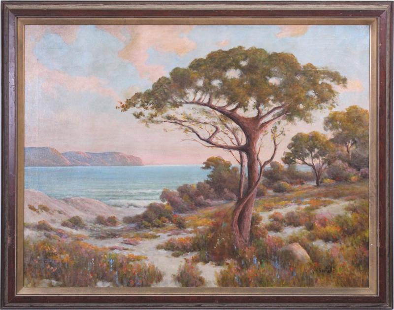 Herbert Sartelle (1885-1955) California: CALIFORNIA COASTAL PAINTING, oil painting on canvas, signed lower right, 28 x 36”, frame 32 ½ x 40 ½”.