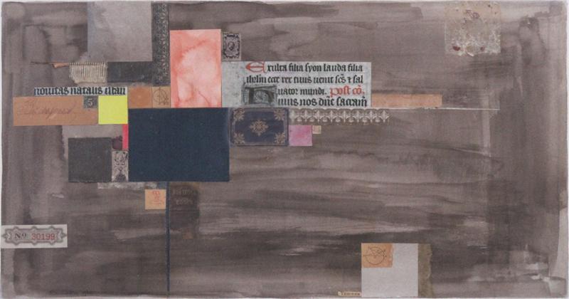 Schwartz (mid-20 th Century): THEOREM, 1963, watercolor with collage on paper, signed and dated lower left, image 10 x 18”, sight 10 ½ x 18 ½”, frame 18 ½ x 26” with glass.