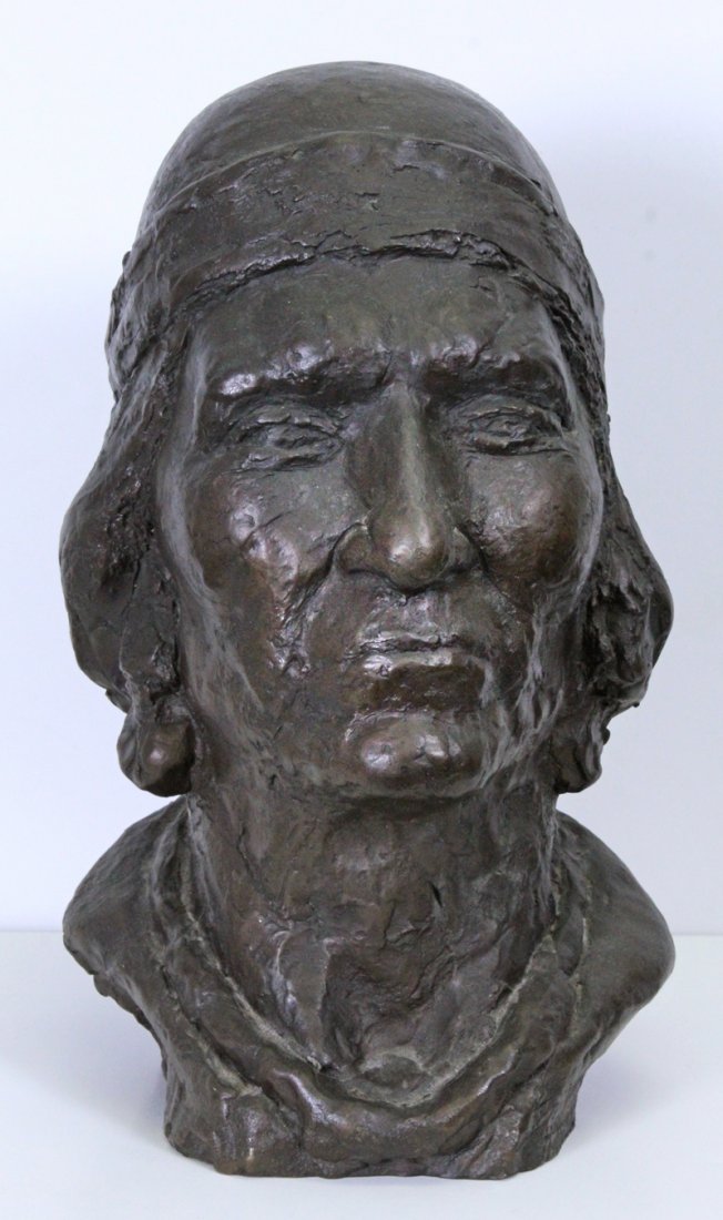 Eugenie Shonnard (1886-1978) New Mexico: BUST OF A NATIVE AMERICAN MAN, cast bronze sculpture with dark brown patina, signed and numbered 7/24, size 12 ½ x 9 x 7”, weight 24 pounds. From the estate of Elmer Baker.