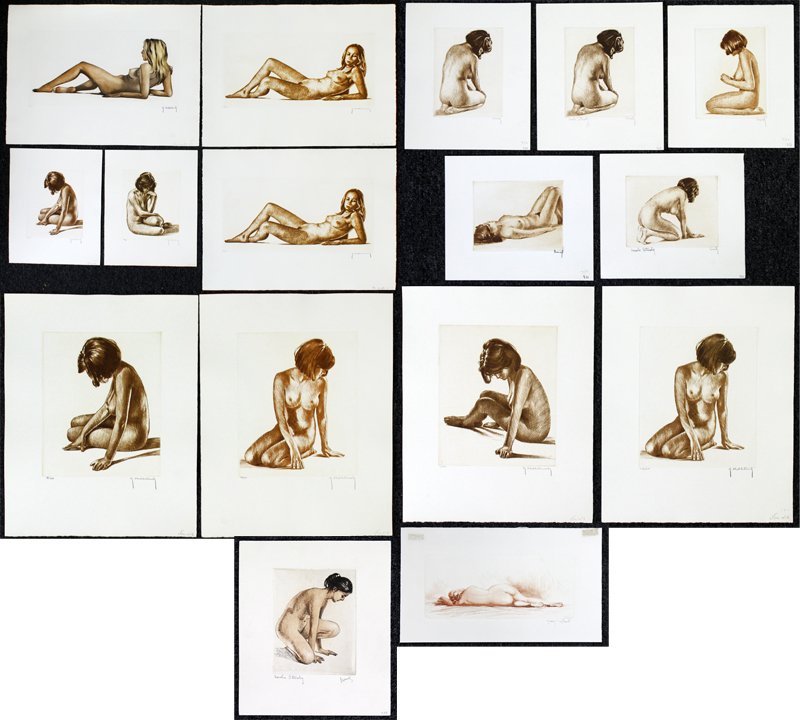 Roger Hebbelinck (1912-1987) Belgium (sixteen): FEMALE NUDES, a collection of fifteen color etchings, each signed in pencil: three sheets 19 ¾ x 25 ¾Â” (one duplicate), from the numbered editions 350; Six sheets 16 ¼ x 12 &f