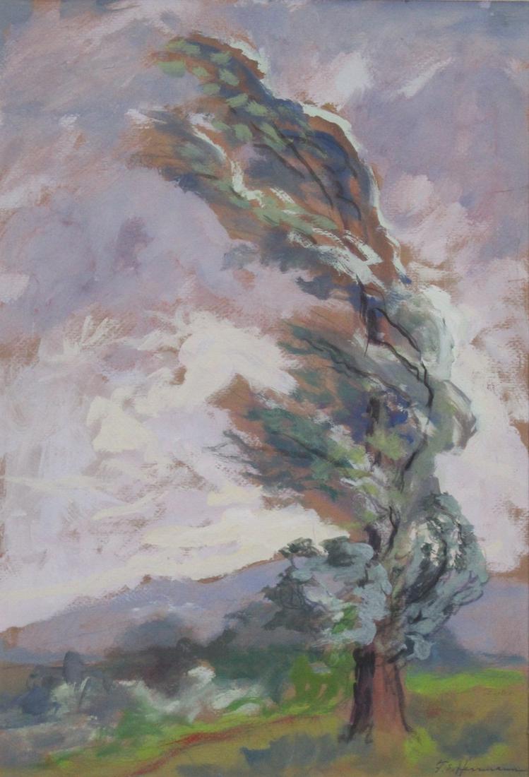 Frank Simon Herrmann (1866-1942) New York Munich;: WINDY LANDSCAPE, acrylic painting on paper, signed lower right, sight 18 x 11 ¾”, frame 24 x 17 ½” with glass.