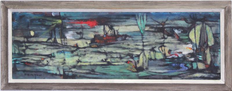 Evelyn Kane (1918-1971) California: ABSTRACT LAND AND SEA SCAPE, oil painting on Masonite, signed lower left, 11 ¾ x 36”, frame 15 ½ x 39”.