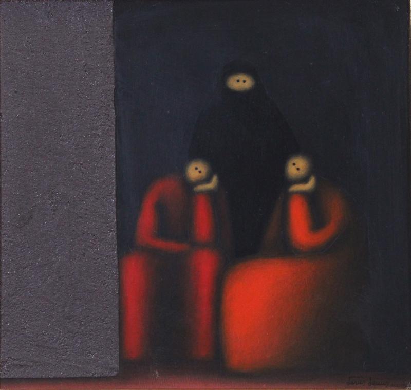 Jesus Leuus (1948-2008) Mexican: COMPOSITION, 1967, oil painting with sand on Masonite, signed and dated lower right, titled on verso, 12 x 12”, frame 18 x 18 ½”.