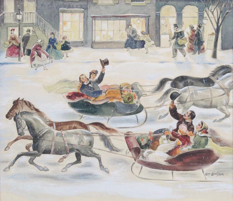 William Wolfson (1894-1966) Pittsburgh: HOLIDAY SLEIGH RIDE THROUGH THE CITY STREETS, watercolor on paper or board, sighed lower right, sight 12 x 13 ½”, frame 19 ½ x 20 ½” with glass.
