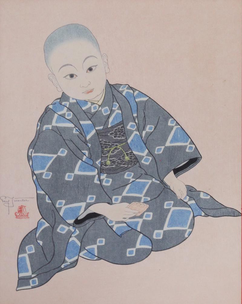 Paul Jacoulet (1896-1960) French: KIYOSHI, TOKIO (M.56), 1939, color woodblock print, signed in pencil and with boat seal center left, sight 15 ¼ x 11 ¾”, frame 21 ½ x 18” with glass.