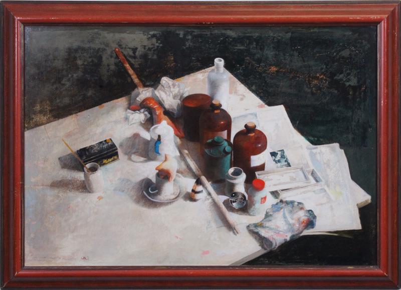 Walther (Walter) Jervolino (1944-2012) Italy: OGGETTI DEL 27th DECEMBRE, 1987, oil painting on canvas, signed and titled lower left, 21 x 30 ½”, frame 21 ¾ x 34”.