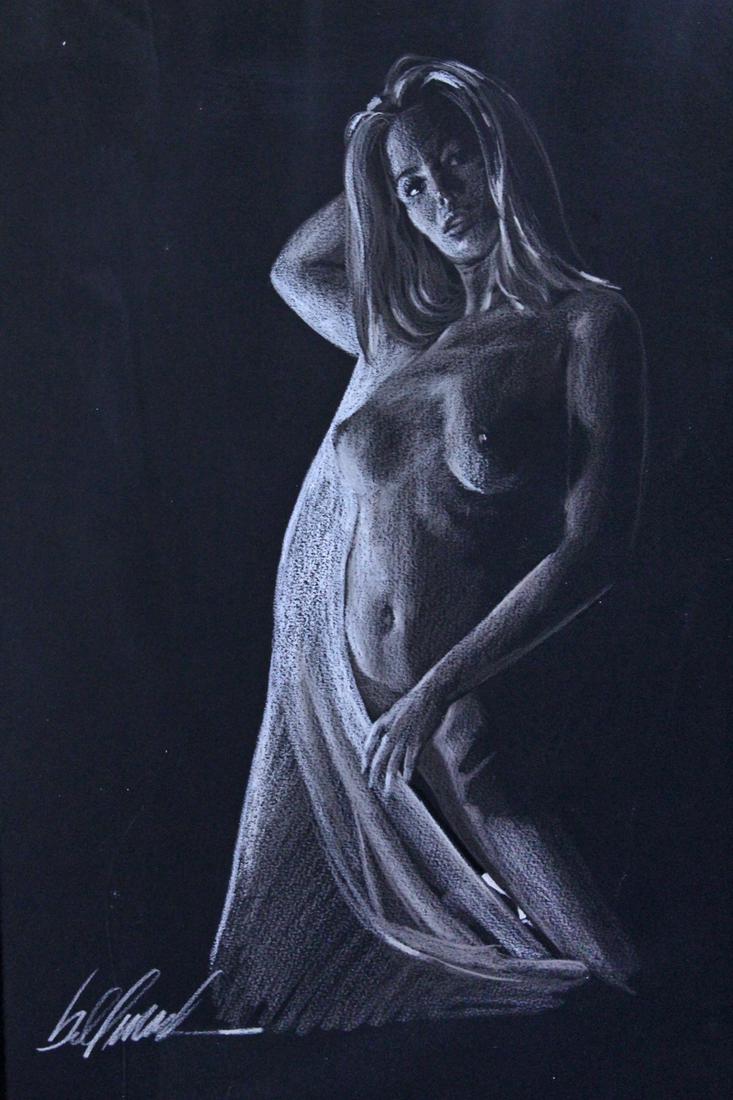 Bill Mack (b. 1949) Minnesota: UNTITLED NUDE, white pastel drawing on black paper, signed lower right, sheet 21 ½ x 15 ½”, frame 31 x 25”. Provenance: Marcus Ashley Fine Art Gallery, Lake Tahoe.