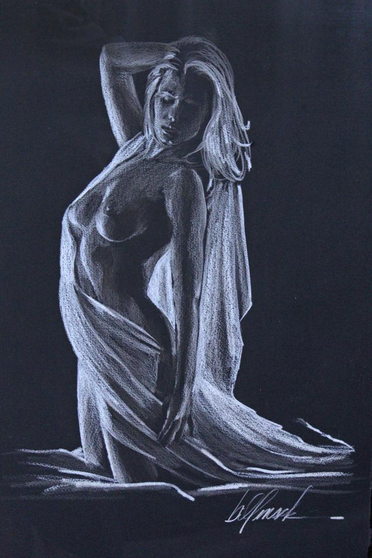 Bill Mack (b. 1949) Minnesota: UNTITLED STANDING NUDE, white pastel drawing on black paper, signed lower right, sheet 21 x 14 ½”, frame 30 ½ x 24”. Provenance: Marcus Ashley Fine Art Gallery, Lake Tahoe.
