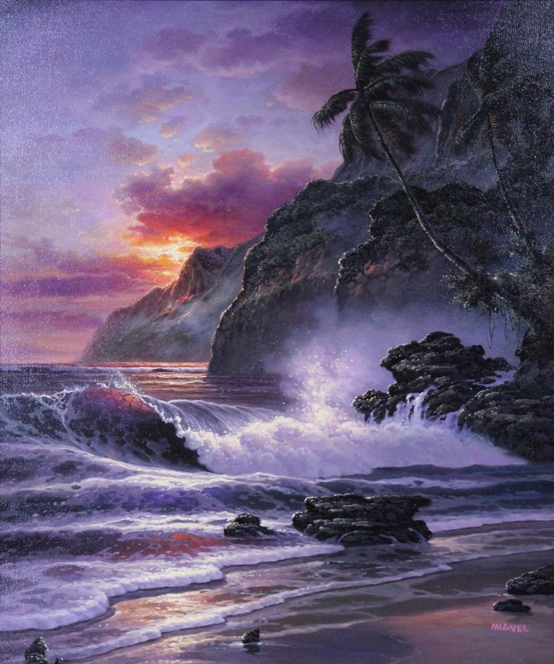 Miguel (20th Century): SUNRISE MAGIC, oil painting on canvas, signed lower right, titled and inscribed ‘original oil painting’ on verso, 24 x 20”, frame 30 ½ x 26 ½”. Provenance: Marcus Ash