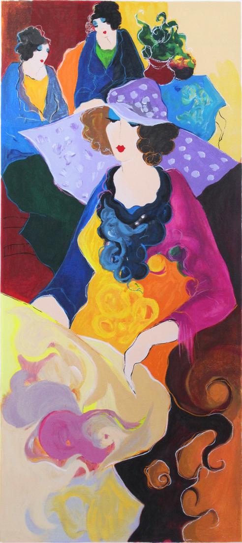 Itzchak Tarkay (1935-2012) Israel: WOMAN IN CAFÉ, color screenprint, signed and numbered 114/350 in pencil, sheet 43 ½ x 20”, frame 53 ½ x 30”. Provenance: Marcus Ashley Fine Art Gallery, Lake Tahoe.