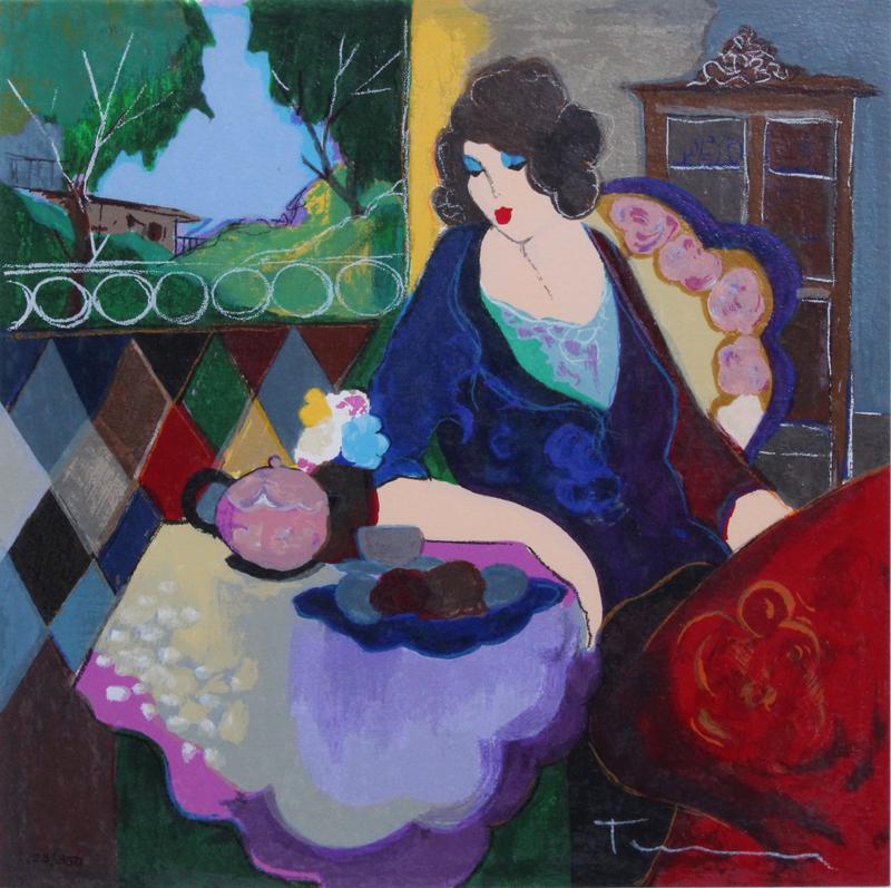 Itzchak Tarkay (1935-2012) Israel: WOMAN AT TABLE BY WINDOW, color screenprint, signed in white pencil and numbered 123/350 in ink, sheet 11 ¾ x 11 ¾”, frame 23 ½ x 23 ½” with glass. Provenance: Marcus A