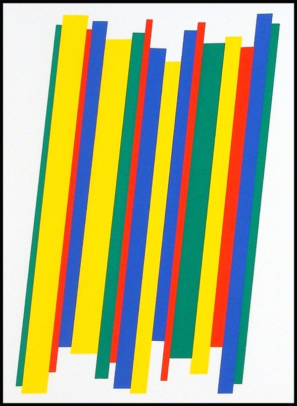 Florence Arnold (1900-1994) American: GREEN RED YELLOW BLUE STRIPES, 1973, color screenprint, signed in pencil, from the numbered edition 25, sheet 24 x 18", printed by Cirrus, a few soft handling creases, otherwise in good condition.
