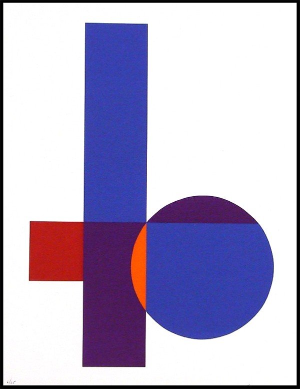 Florence Arnold (1900-1994) American: INTERSECTION, 1973, color screenprint, signed in pencil, from the numbered edition 25, sheet 22 x 18", printed by Cirrus, a few very faint scuffs visible at certain angels, otherwise in good condition