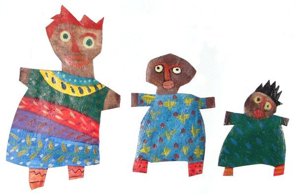 Cher Shaffer (b. 1948) American (three): THREE FIGURES, three painted cut-out figures, 12 x 8", 21 x 12" & 14 x 10", each signed on the verso, with pin holes for hanging, one with hairline crack at the neck, otherwise in good condition. (3)