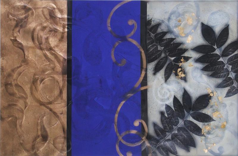 Kaoru Mansour (20th Century) Japan California: GOLD AND BLUE BANDS WITH LEAVES, mixed media with gold leaf, signed, sight 24 x 36”, frame 38 x 50 ¼” with Plexiglas. Provenance: Four Seasons Hotel, Carlsbad 1997-2010; Park Hyatt Aviara Resort