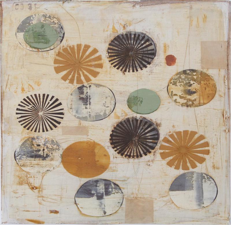 John Belingheri (20th Century) American: CIRCLES AND ASTROS, acrylic painting with collage on linen paper, possibly signed on verso, 18 x 17 ¾”, frame 39 ½ x 39 ½”. Provenance: Four Seasons Hotel, Carlsbad 1997-2010; Park Hyatt Aviara