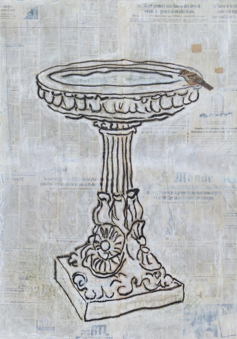 Deborah Baca (20th Century) American: BIRD BATH II, 1997, mixed media on newspaper collage mounted and stitched on to fabric, signed and dated lower center, sight 33 ¼ x 23 ¼”, frame 40 ¾ x 30 ½”. Provenanc